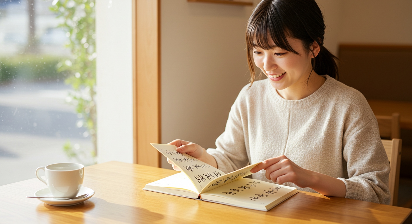 太陽の光がやさしく差し込む、明るくモダンなカフェの木製テーブル。30代前半の日本人女性が、目の前のノートを覗き込んでいます。彼女は穏やかで親しみやすい笑顔を浮かべており、自分自身について何か小さくて嬉しい発見をしたかのような、優しい驚きの表情をしています。